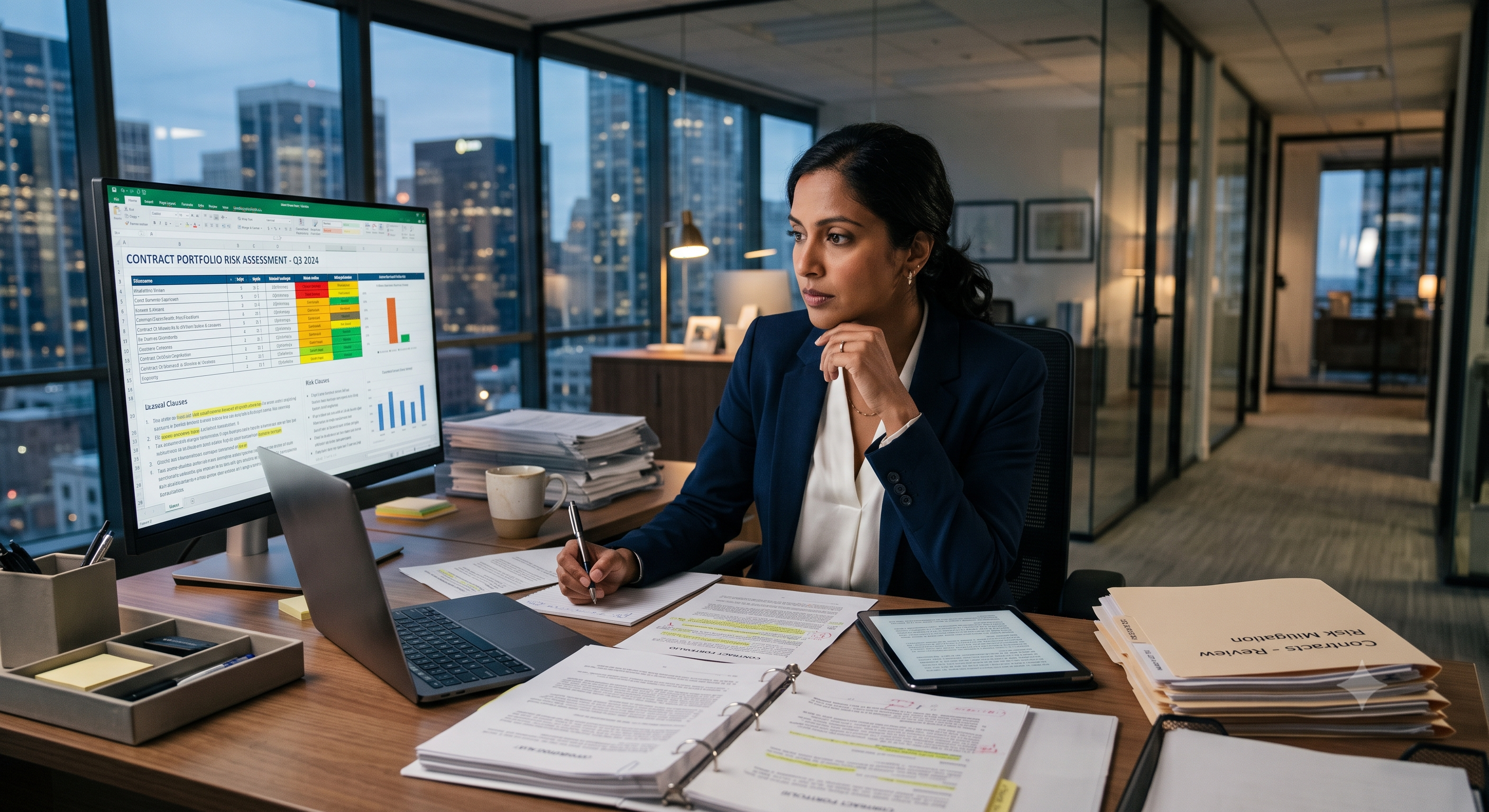 Corporate counsel reviews contract portfolio for risk in hours 